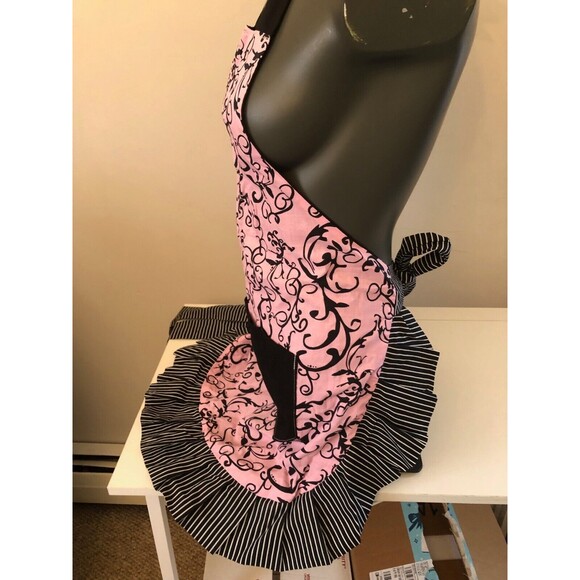 Flirty Aprons Pink w/Black Scroll Pattern & Ruffle Back or Side Tie Adult One Sz - Picture 3 of 9